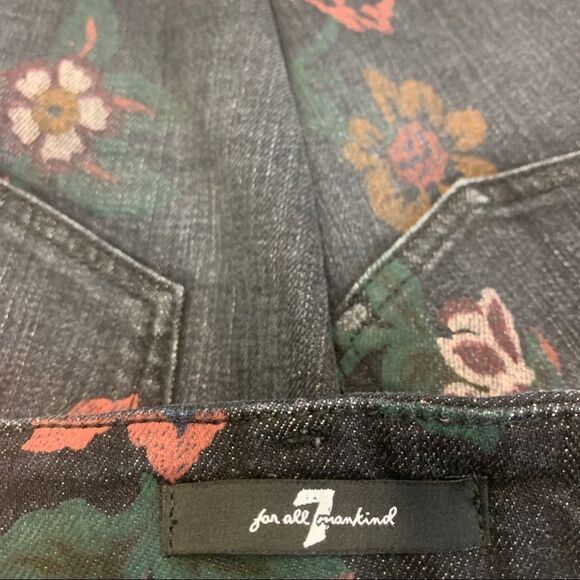 7 For All Mankind Skirt Size 27 Denim Mini A Line Floral Art Raw Hem Black - Picture 9 of 14
